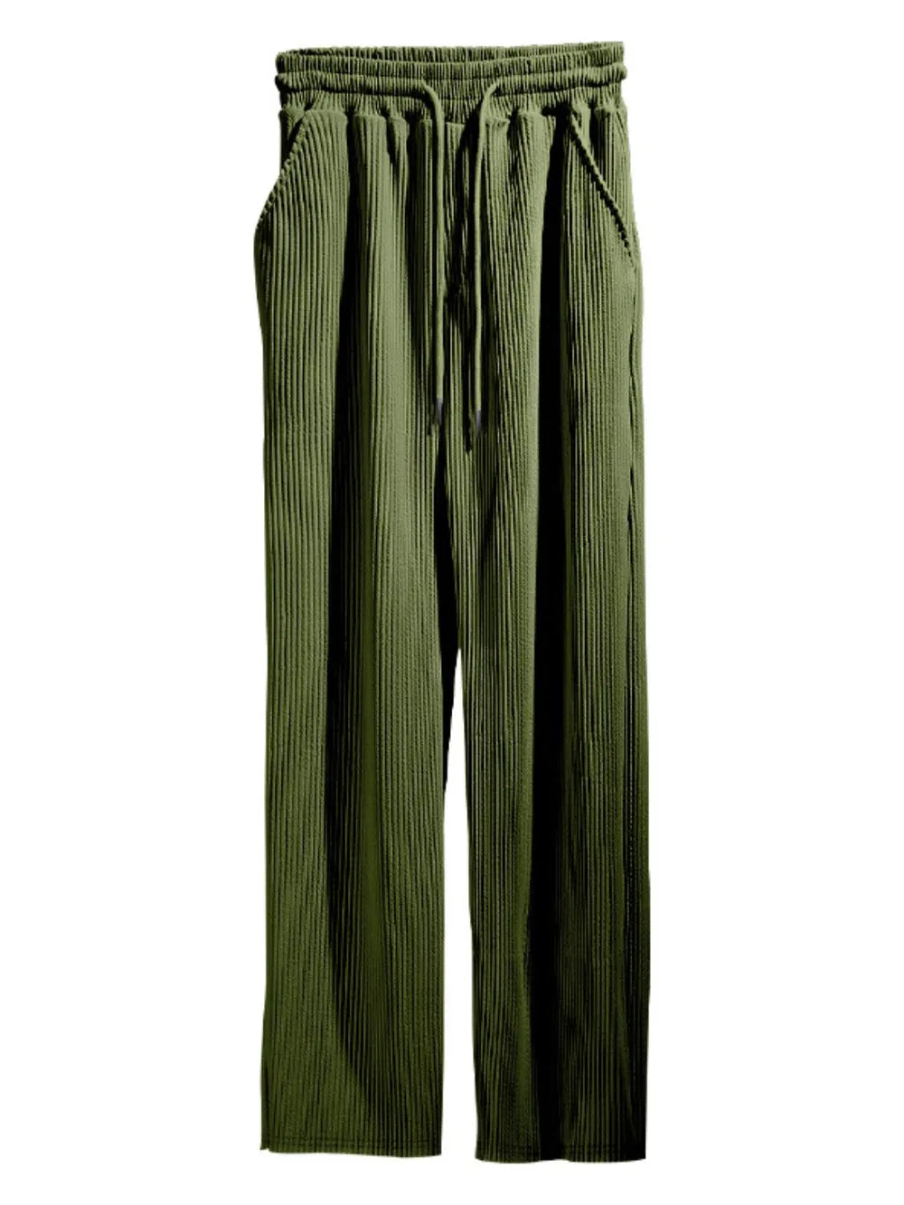 Army green textured wide-leg drawstring lounge trousers with pockets