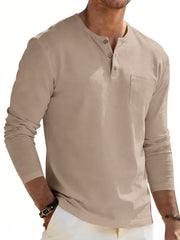 Khaki long sleeve pocketed henley t-shirt with button placket