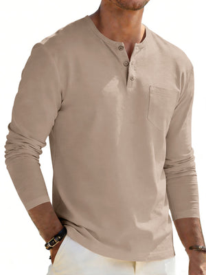 Khaki long sleeve pocketed henley t-shirt with button placket