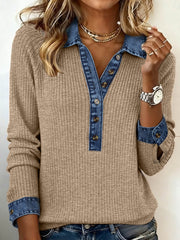 Cozy ribbed knit shirt with denim collar, cuffs, and button placket.