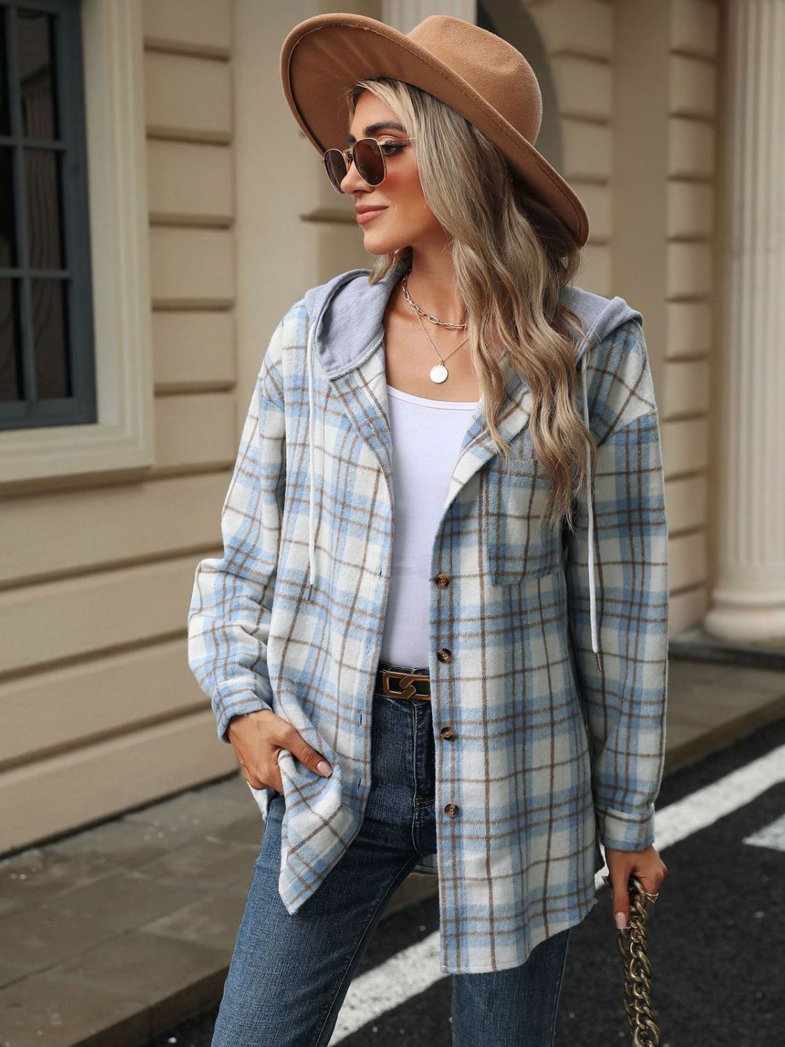 Light Blue hooded plaid shacket with button front and contrast hood.