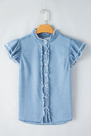 Light blue denim button-up shirt with ruffled trim and frayed edges.
