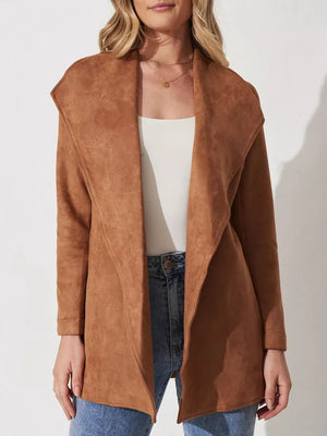 Bronze suede duster coat with waterfall collar and tie waist, open front, long sleeves.
