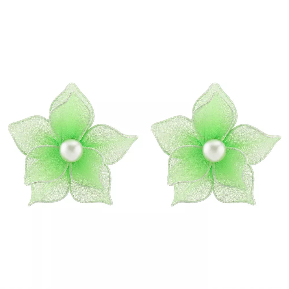Green floral pearl stud earrings with sheer petals and alloy posts.