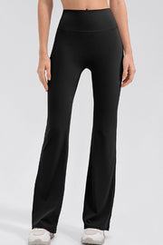 Black high-waisted flare leggings with a performance fit
