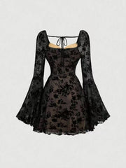 Black lace sweetheart mini dress with bell sleeves and floral pattern
