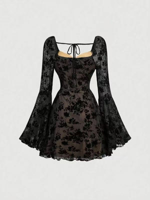 Black lace sweetheart mini dress with bell sleeves and floral pattern