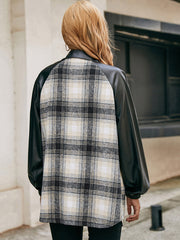 Plaid & faux leather raglan shacket with black sleeves and collar.