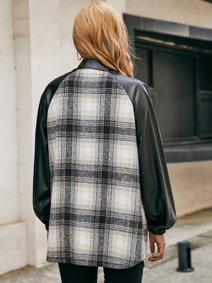 Plaid & faux leather raglan shacket with black sleeves and collar.