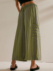Coastal Stripe Cargo Culottes in Moss with a side cargo pocket and elastic waist.