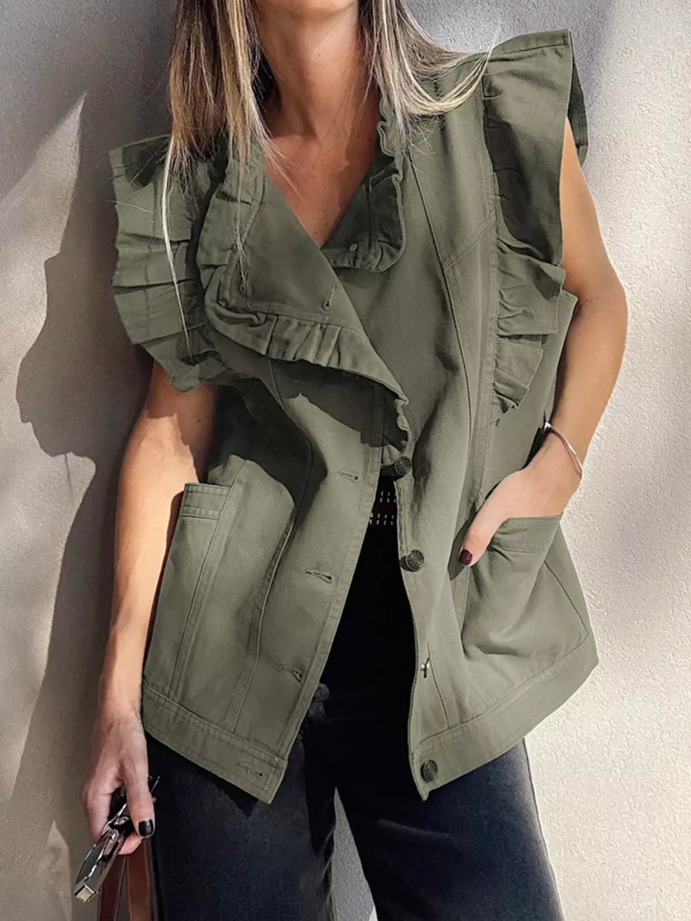 Olive green cotton denim vest with ruffled collar and button closure