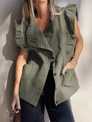 Olive green cotton denim vest with ruffled collar and button closure