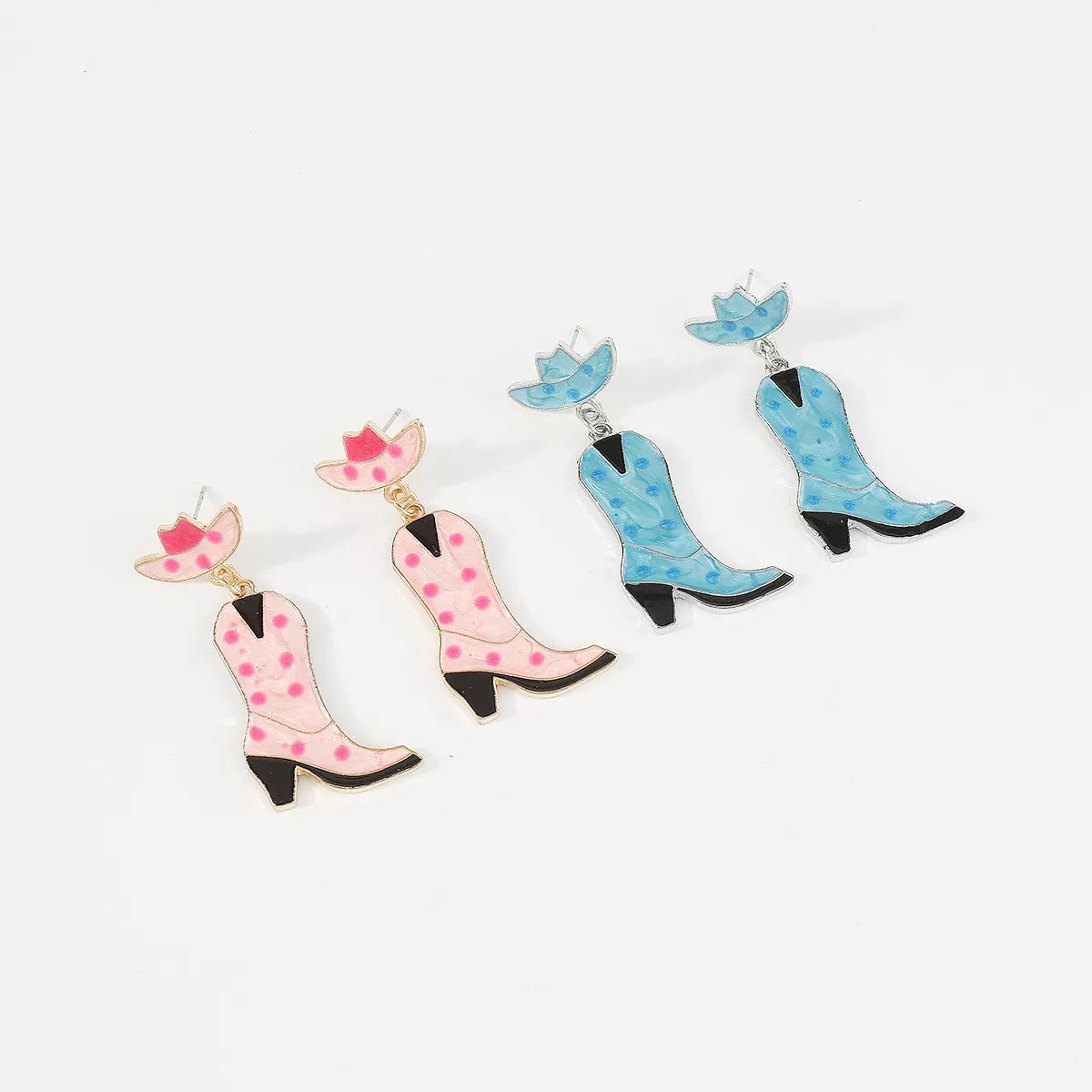 Pink and blue cowboy boot dangle earrings with polka dots and tiny hats.