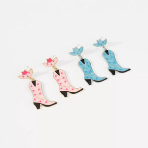 Pink and blue cowboy boot dangle earrings with polka dots and tiny hats.