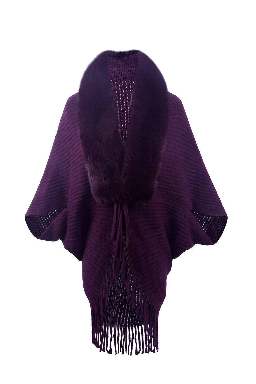 Violet knit cape with faux fur collar and fringe detail