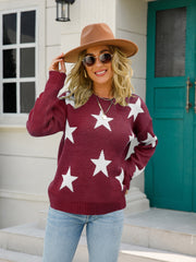Burgundy crewneck sweater with white stars, long sleeves, knit acrylic.