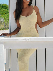 Pastel yellow knit midi dress with side cutouts and a V-neck.