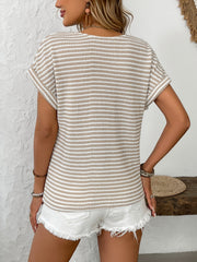 Button-down knit top with caramel and white Breton stripes, cuffed short sleeves.
