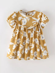 Toddler dress with yellow floral print, ruffle collar, and short sleeves.