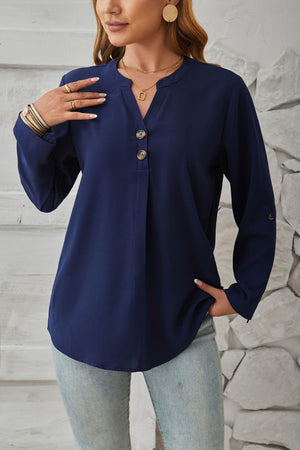 Dark Blue V-neck button-down blouse with cuffed sleeves and a relaxed fit.