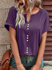 Purple short sleeve t-shirt with V-neck and decorative buttons