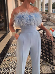 Feather-trimmed Strapless Elegant Jumpsuit