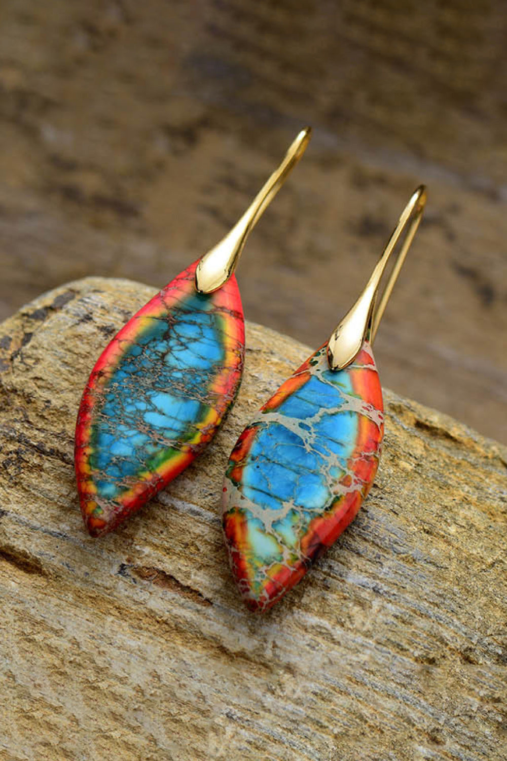 Gemstone Kaleidoscope Dangle Earrings in multicolor with 14K gold-plated hooks.