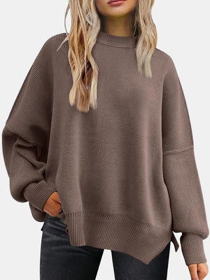 Ribbed knit sweater in Chocolate with slouchy sleeves and a mock neck.