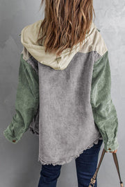 Colorblock corduroy hooded utility jacket in sage green, gray, and tan with frayed hem.