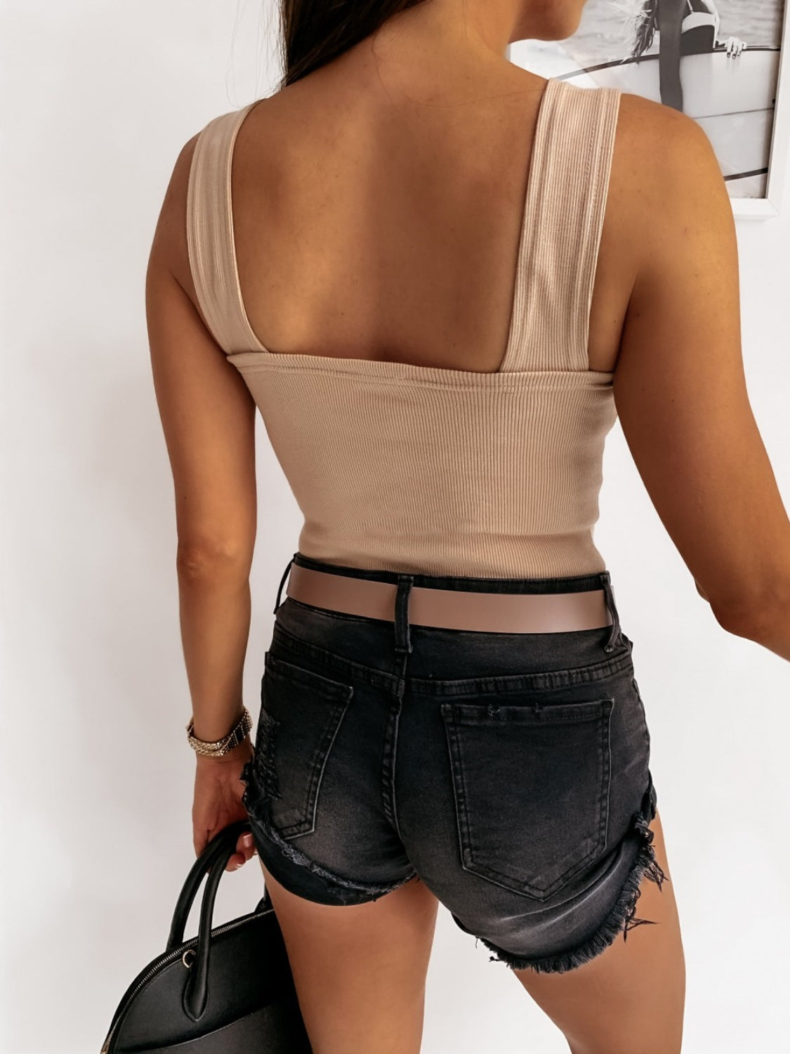 Tan ribbed square neck tank top with wide straps.
