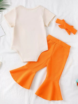 Baby bodysuit and orange waffle knit flare pants set with headband