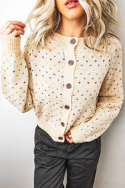 Geometric Print Button Front Cardigan in Beige, close-up detail