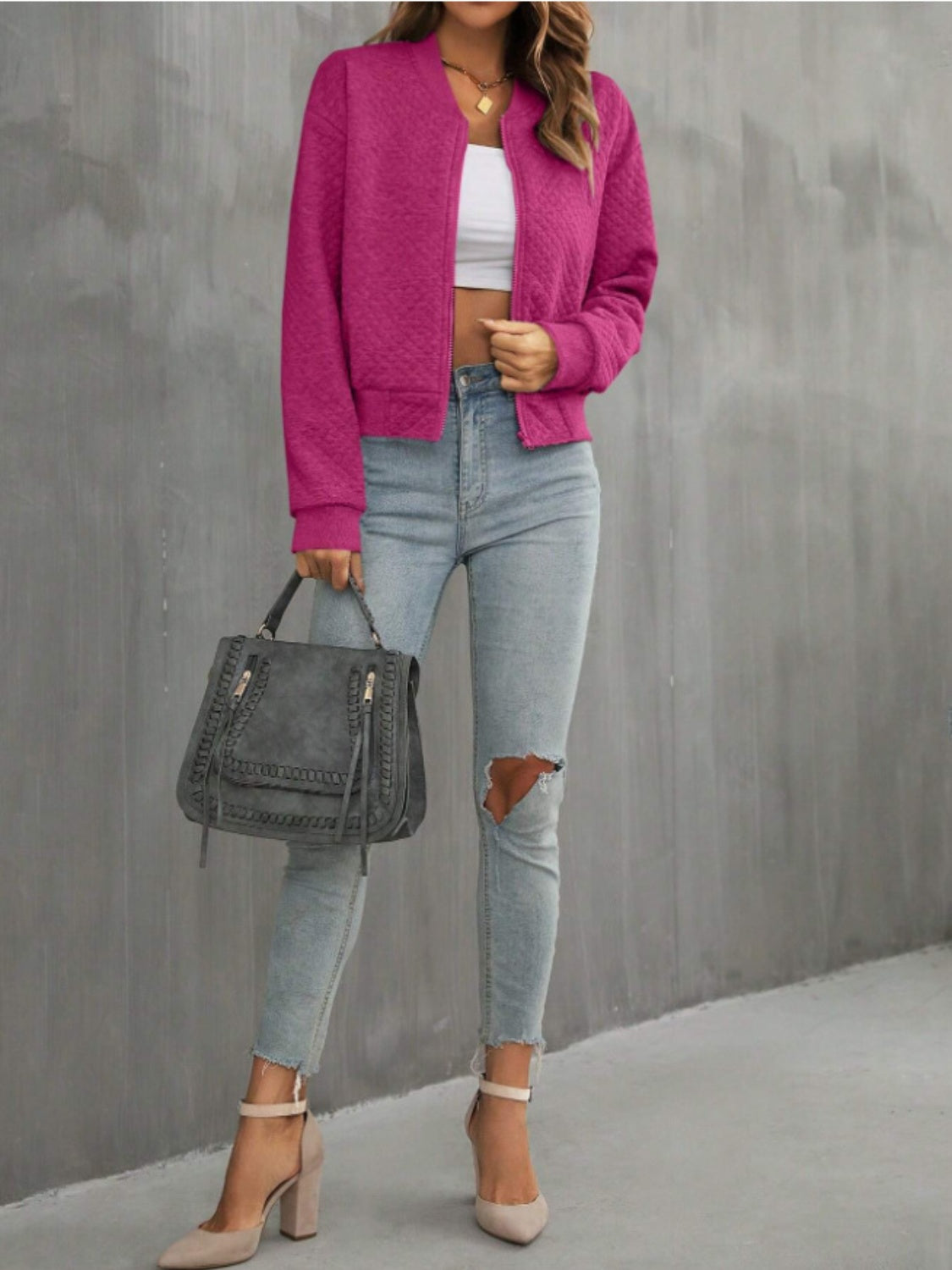 Diamond quilted bomber jacket in Deep Rose with zip front and ribbed cuffs.