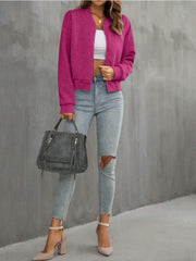 Diamond quilted bomber jacket in Deep Rose with zip front and ribbed cuffs.