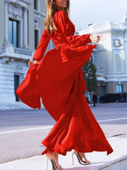 Plus size deep red surplice maxi dress with slit and defined waist