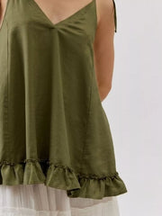 Army green camisole with V-neck, tie straps, and ruffled hem.