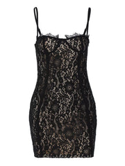 Black lace mini dress with spaghetti straps and scalloped trim.