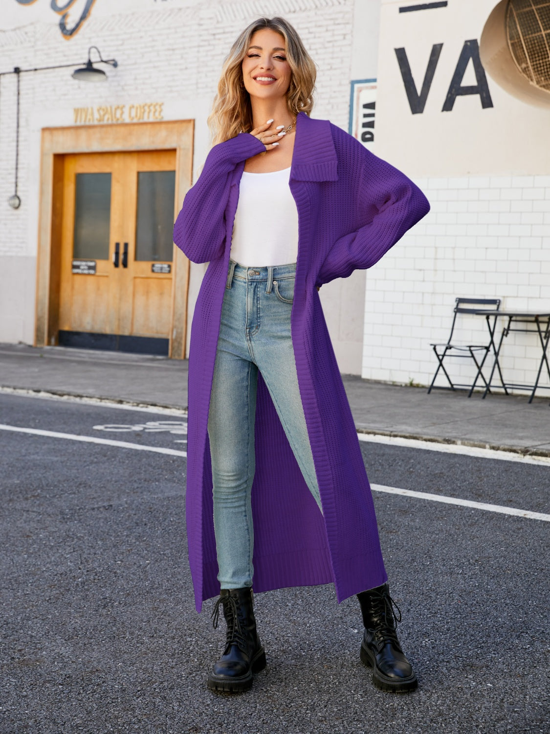 Longline knit collar cardigan in violet with a relaxed fit and open front.