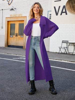 Longline knit collar cardigan in violet with a relaxed fit and open front.