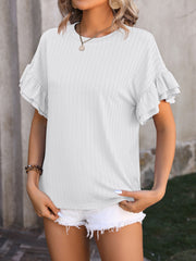 White textured blouse with flutter sleeves and crew neck.