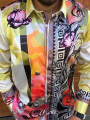 Artistic panel silk shirt in light yellow with bold floral and abstract prints.