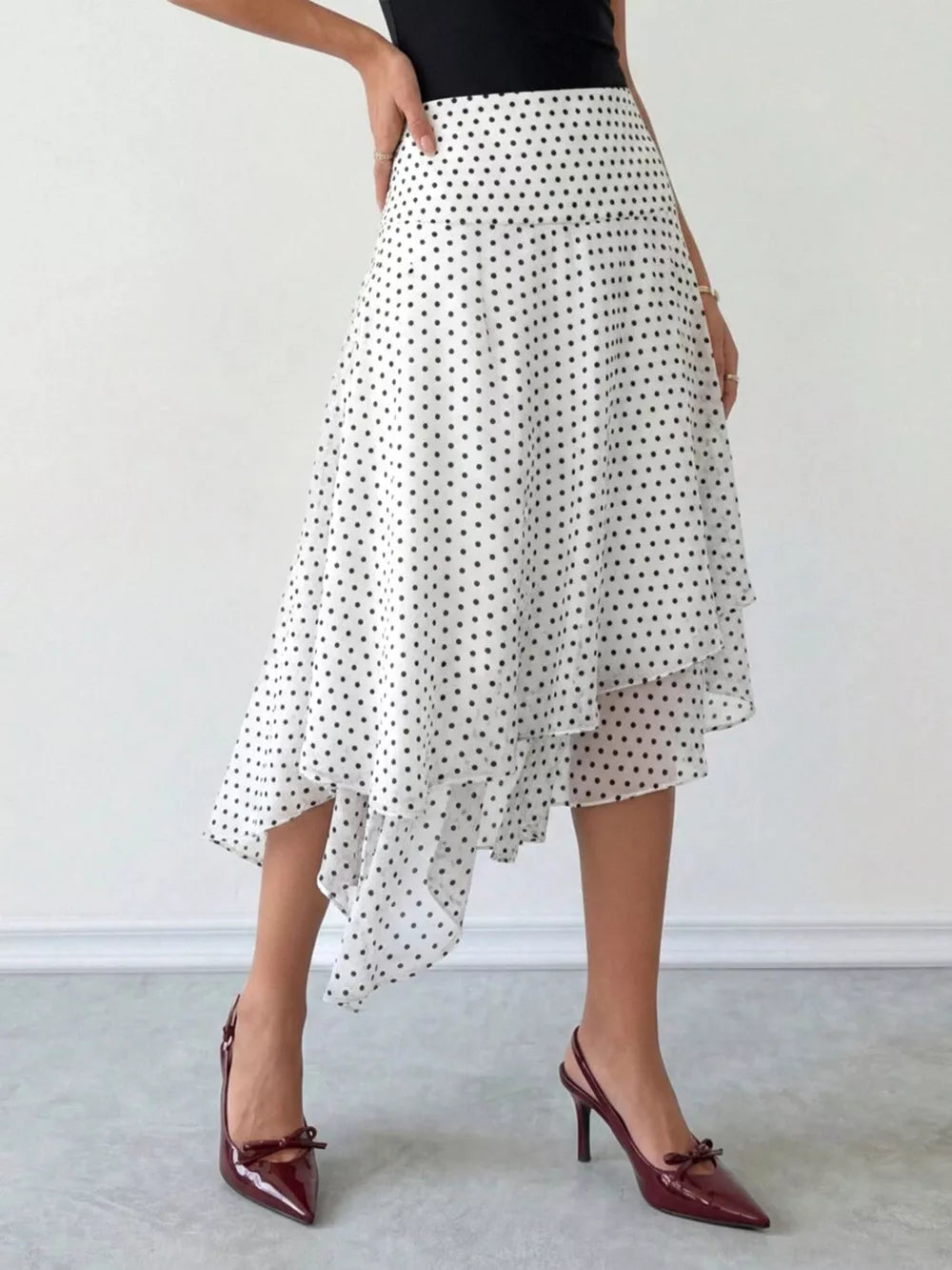 Polka Dot Asymmetrical Hem Midi Skirt in White, close-up detail