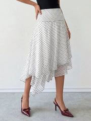 Polka Dot Asymmetrical Hem Midi Skirt in White, close-up detail