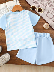 Baby boys' blue striped tee and solid shorts set, cotton blend.