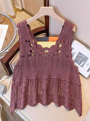 Deep Purple crochet floral overlay tank top with scalloped neckline and hem.