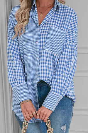 Light blue gingham oversized shirt with patch pocket and button front.
