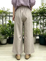 Khaki maternity pants with drawstring waist and pockets, wide leg, ankle length.