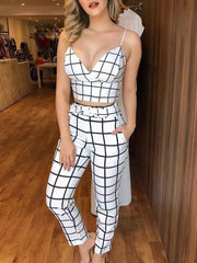 Chic white and black grid print two-piece set with crop top and pants