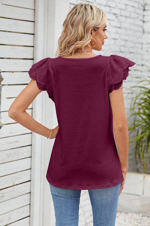 Deep purple eyelet flutter sleeve square neck top with casual styling.