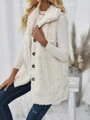 Beige textured sherpa button-down vest with a collar and brown buttons.